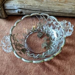 Vintage Collectible Silver Overlay Poppies Clear Glass Dish W/Handles